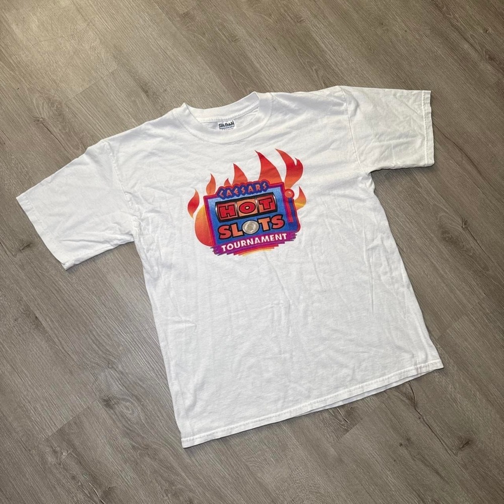 White Hot Slots Tournament T-shirt with graphic text with flames